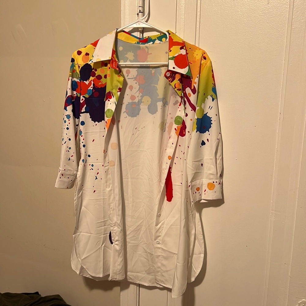 White multi colored paint drops side split blouse